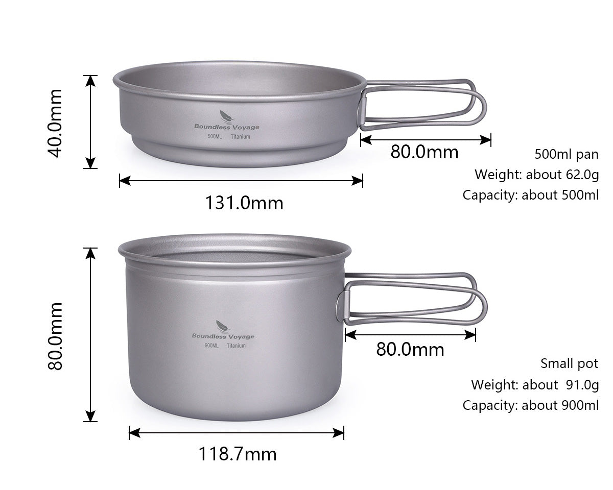 Boundless Voyage 2-Piece Titanium Pot & Pan Set | 900ml Pot + 500ml Lid/Bowl | Ultralight Nesting Cookware Kit with Folding Handles | Stove-Safe Mess Kit for Camping & Hiking