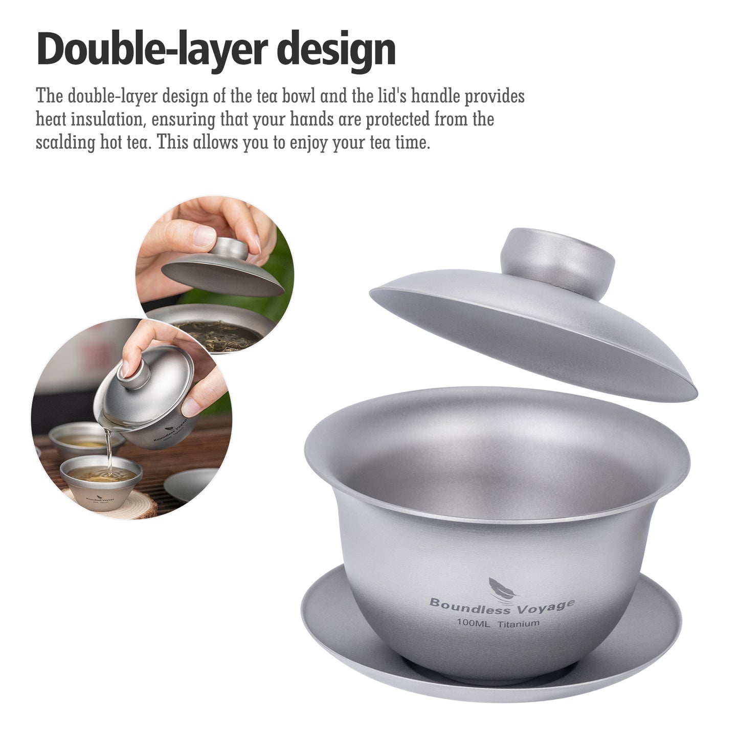 Boundless Voyage Titanium Double-Walled Teapot Chinese Traditional Three-talent Covered Bowl Triad Lid Bowl Kung Fu Gaiwan Anti-Scalding Tea Bowl Tea Set