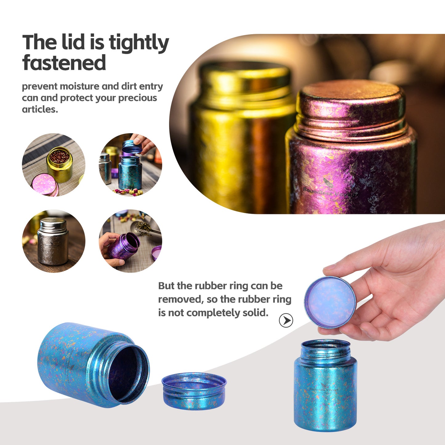 Boundless Voage Titanium Tea Canister Mini Tea Canister Ultralight Portable Tin Can Tea Coffee Spice Canister Colored Ice Flower Craft Tin Storage Container