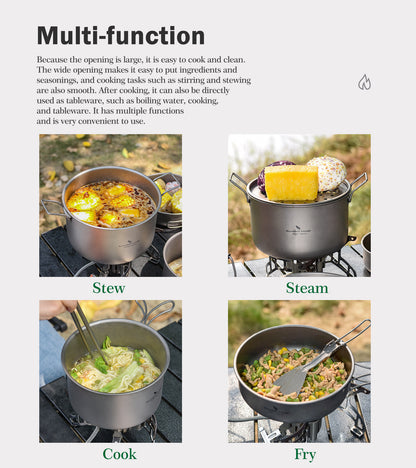 Boundless Voyage Titanium 3pcs Camping Cookware Mess Kit, Camping Cooking Set,  Portable Nonstick Camp Pots Set 1.4L 1.6L 2.4L for Outdoor Camping, Picnic, Hiking, Backpacking