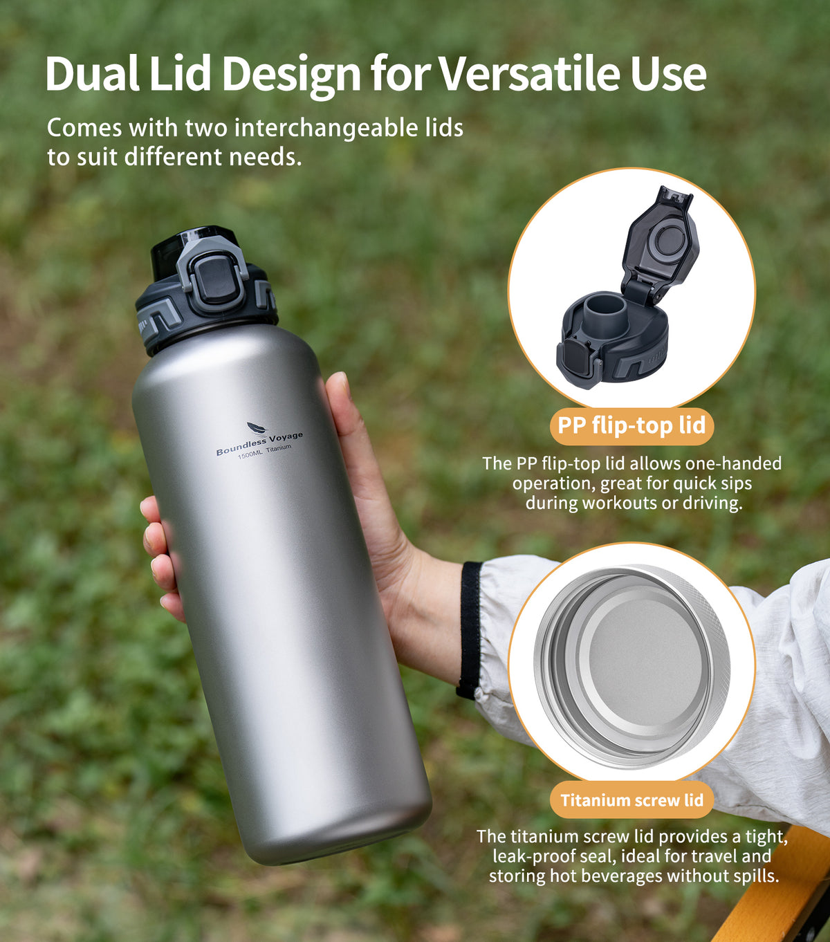 Boundless Voyage 1500ml Titanium Water Bottle – Lightweight Leak-Proof 1.5L Bottle with 2 Lids for Camping, Hiking, Travel & Gym