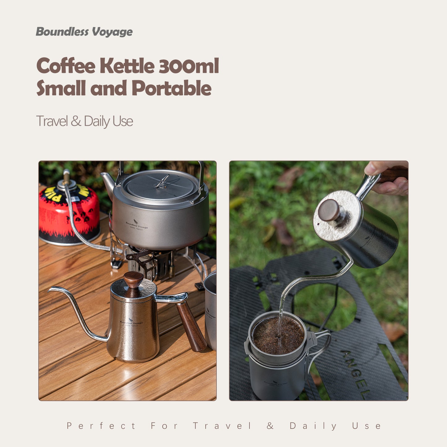 Boundless Voyage 300ml Titanium Pour-Over Coffee Kettle – Ultralight with Beech Wood Handle for Home, Office & Camping