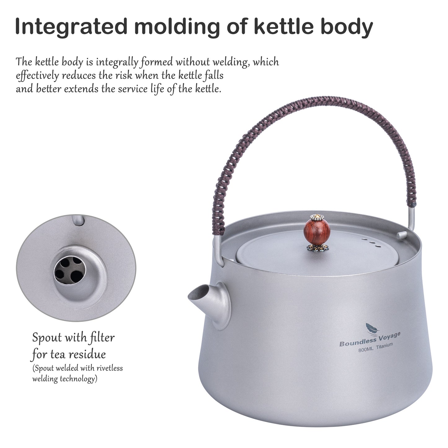 Boundless Voyage 800ml Titanium Camping Kettle with Filter – Ultralight TA1 Teapot & Coffee Pot with Folding Handle for Hiking, Backpacking & Outdoor Brewing