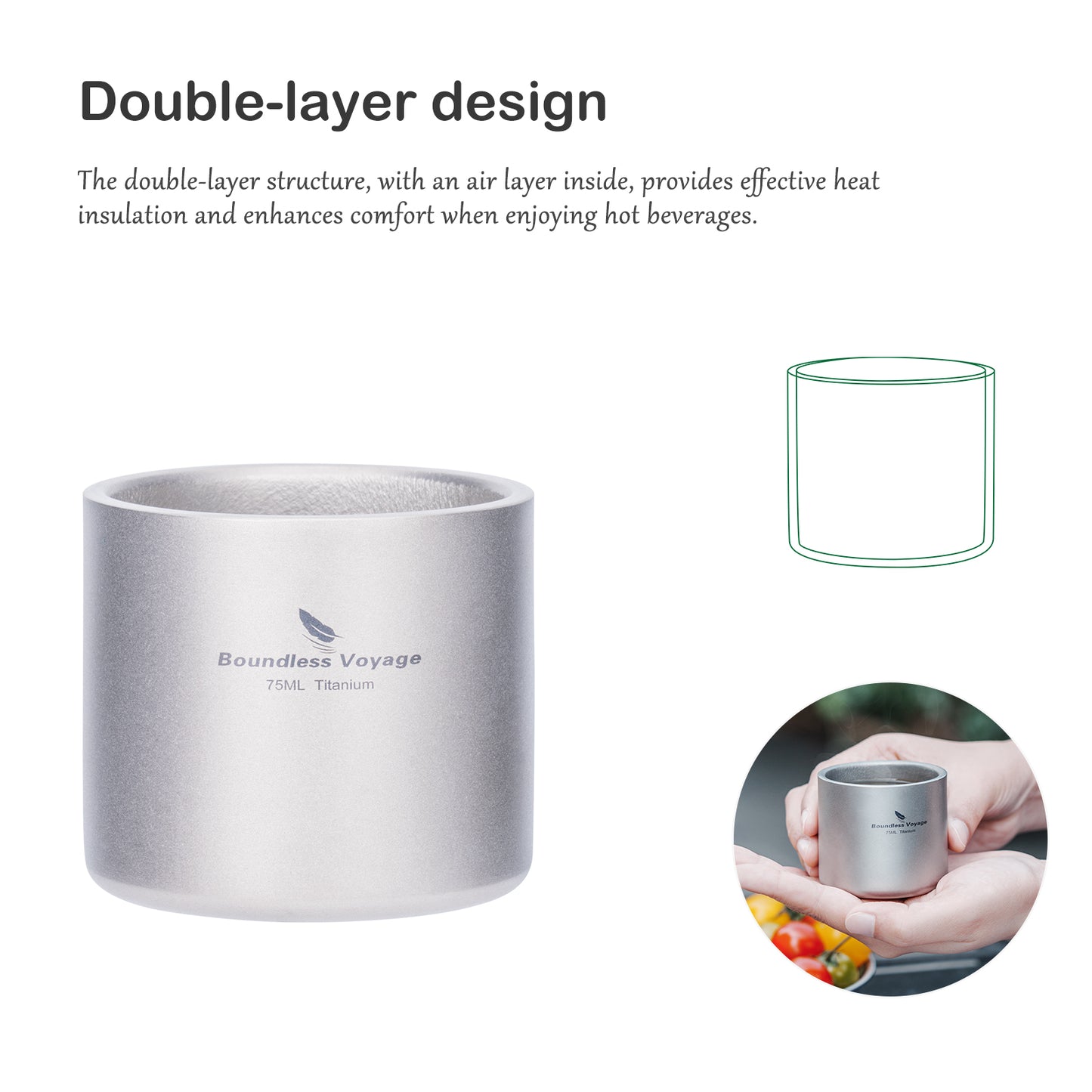 Boundless Voyage Titanium Double-wall Mug Cup Backpacking Portable Camping Cup 75ml Lightweight Heat Resistant Coffee Mug Tea Cup with Storage Bag for Hiking Picnic Travel or Daily Use
