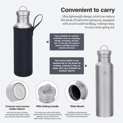 Boundless Voyage Titanium Water Bottle with Lid Wide Mouth Leak-Proof Reusable Sport Drinking Bottle for Camping Hiking Picnic Climbing Running Tea Coffee