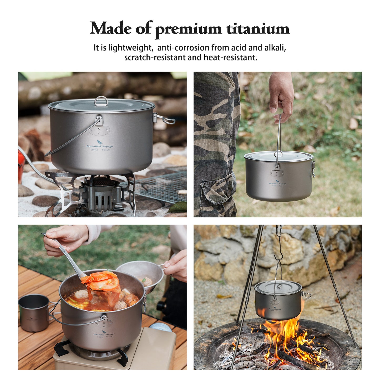 Boundless Voyage 2900ml TA1 Titanium Hanging Pot – Ultralight Large-Capacity Cooking Pot for Camping, Backpacking & Outdoor Bushcraft