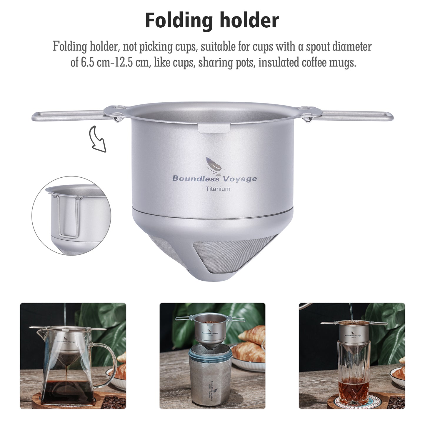 Boundless Voyage Titanium Pour Over Coffee Drip Filter – Ultralight Folding Reusable Filter for Mugs (6.5–12.5 cm)