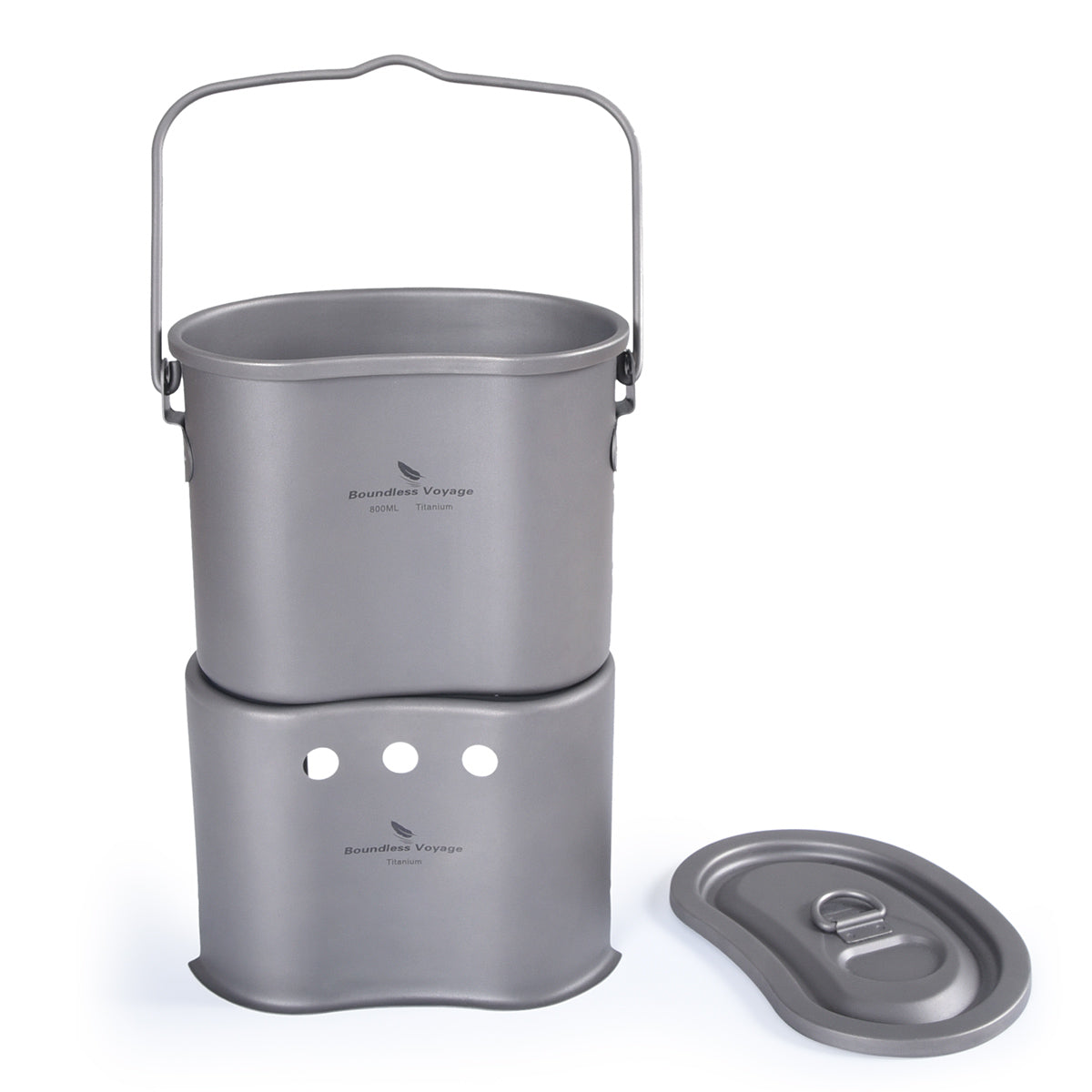 Boundless Voyage TA1 Titanium 2-in-1 Canteen Cup & Wood Stove Set – Ultralight Camping Pot with Folding Handle & Hanging Ring for Outdoor Cooking