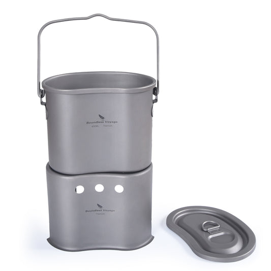 Boundless Voyage TA1 Titanium 2-in-1 Canteen Cup & Wood Stove Set – Ultralight Camping Pot with Folding Handle & Hanging Ring for Outdoor Cooking