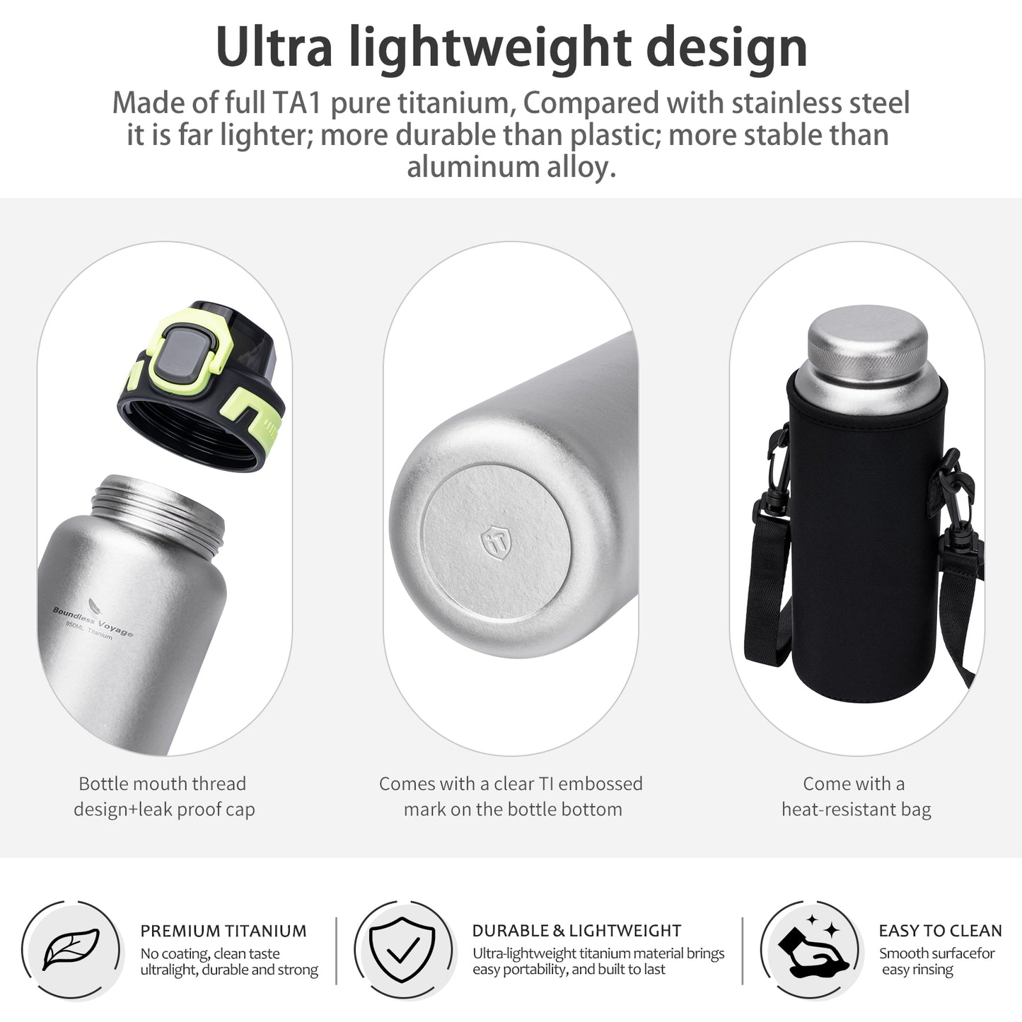 Boundless Voyage 950ml Titanium Water Bottle with Lids – TA1 Ultralight Wide Mouth Canteen for Hiking, Camping & Travel