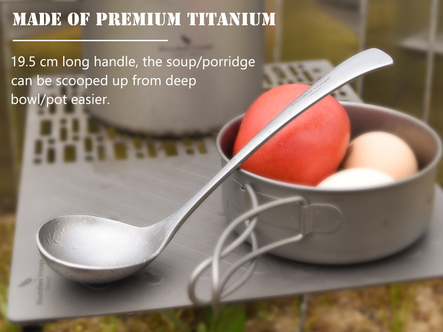 Boundless Voyage Titanium Soup Spoon – Long Handle Deep Bowl Ladle for Soup, Stew, Sauce & Cooking