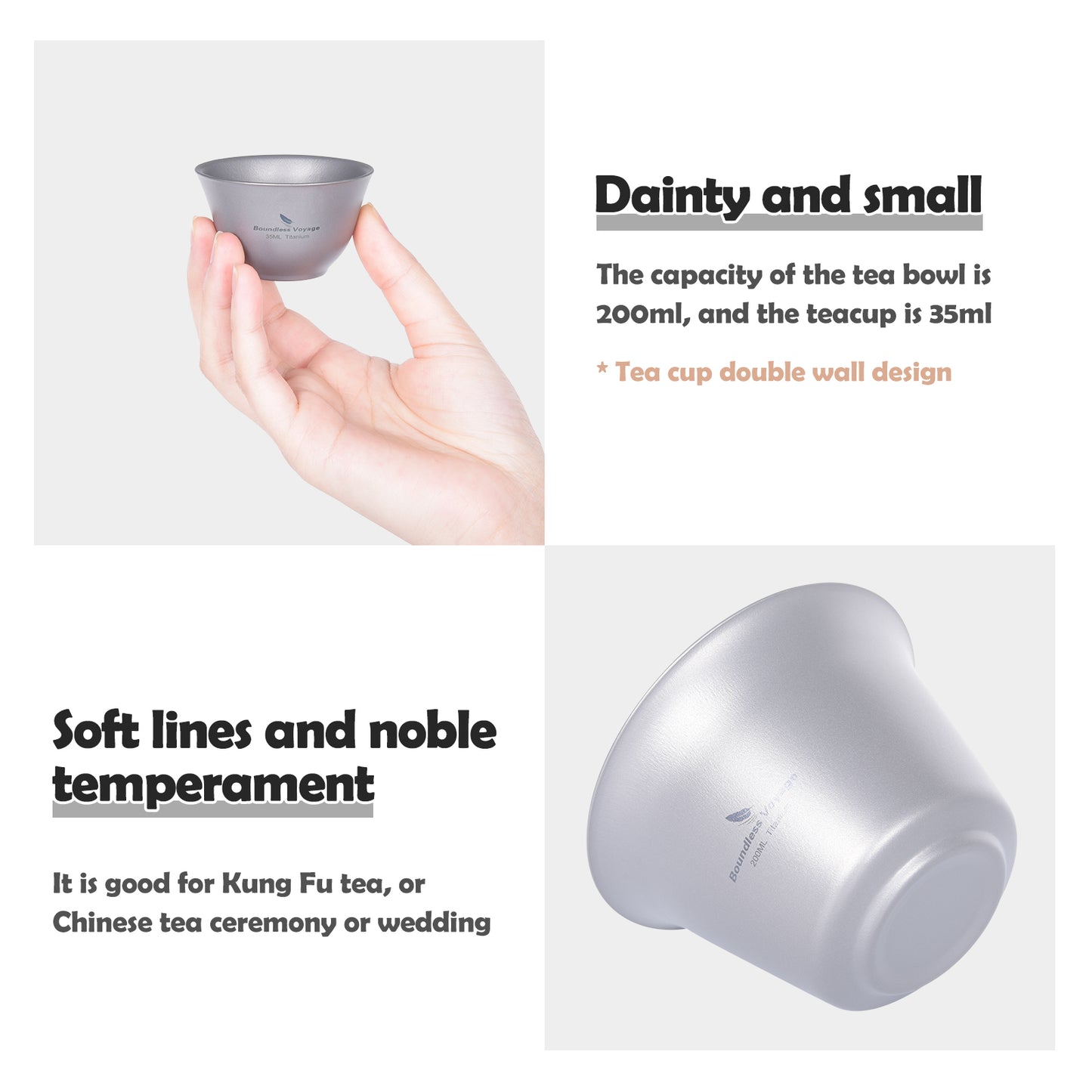 Boundless Voyage Titanium Gaiwan Kung Fu Tea Cup and Saucer with Lid Chinese Traditional Gaiwan Double Walled Durable Tea Bowl Teacup with Cover Lightweight Tea Set Outdoor Camping Portable Tureen