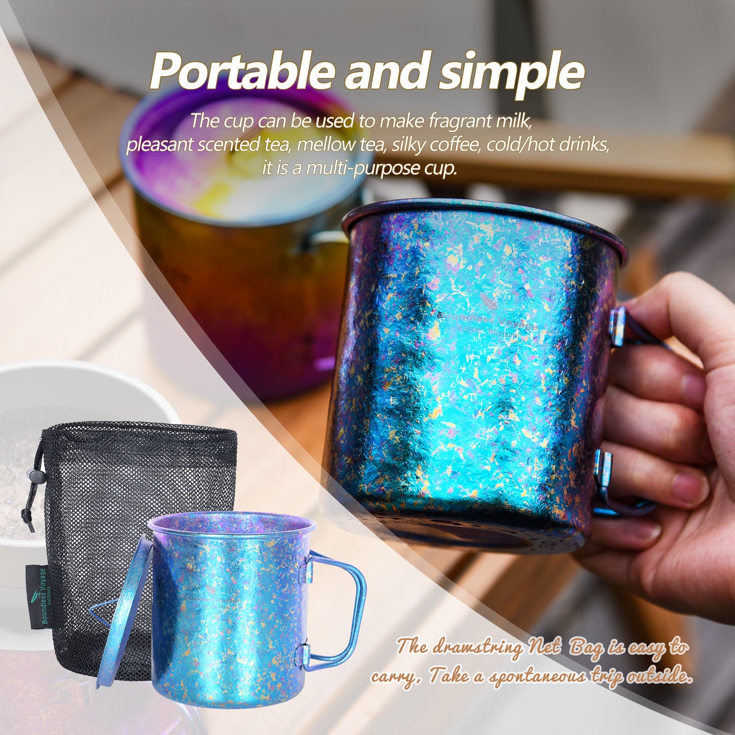 Boundless Voyage 450ml Titanium Colorful Camping Mug – Ultralight Foldable-Handle Cup for Water, Coffee & Tea Outdoors