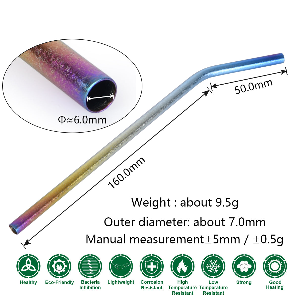 Boundless Voyage Titanium Curved Straw – Eco-Friendly TA1 Titanium Reusable Straw with Cleaning Brush | Multicolor for Juice, Water & Coffee