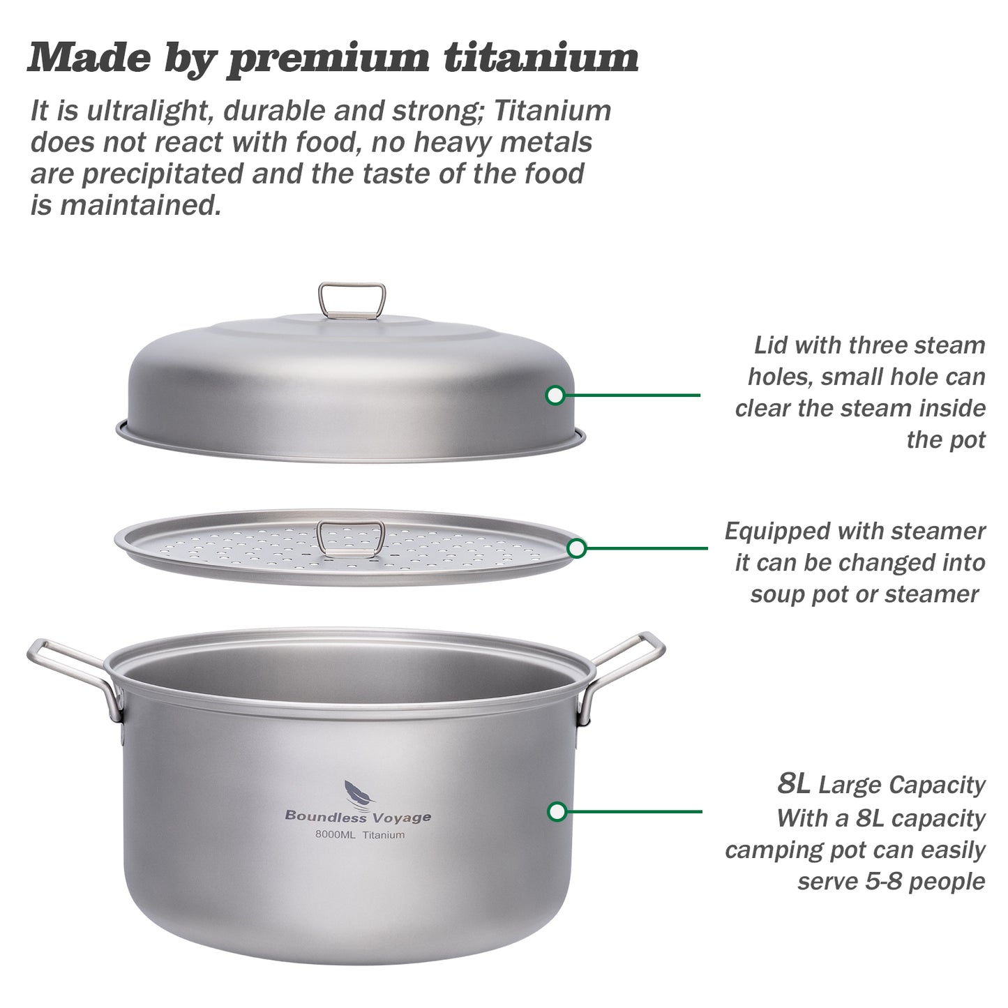 Boundless Voyage Titanium Steamer Soup Pot Outdoor Camping Cookware Lightweight Picnic Hiking Hanging Pot Portable Travel Household Kitchenware Cooking Kit