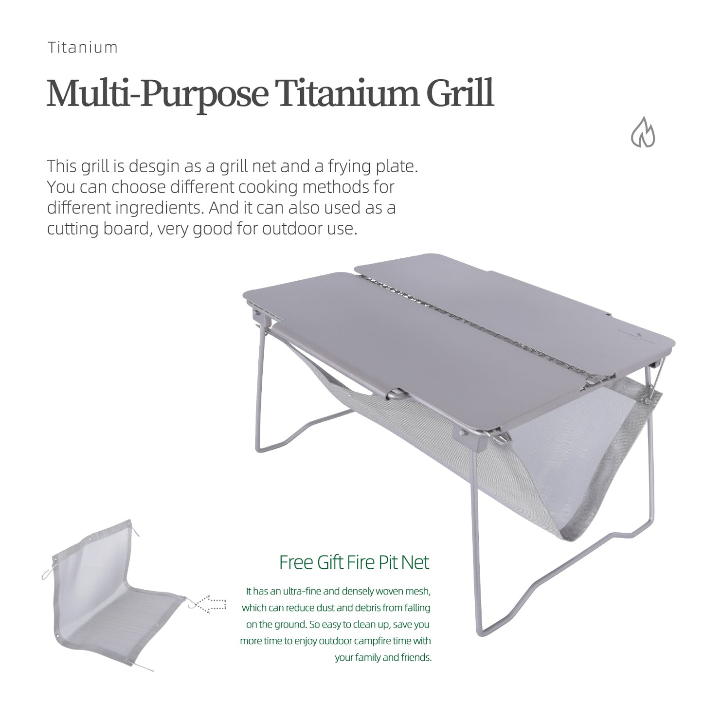 Boundless Voyage Titanium 2-in-1 Folding Campfire Grill – Portable Outdoor BBQ Table with Frying Plate & Collapsible Legs for Camping, Picnic & Backpacking
