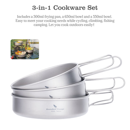 Boundless Voyage Titanium Bowl Pan Set Outdoor Camping Picnic Ultralight Cookware Dish Frying Pan Mess Kit 3pcs