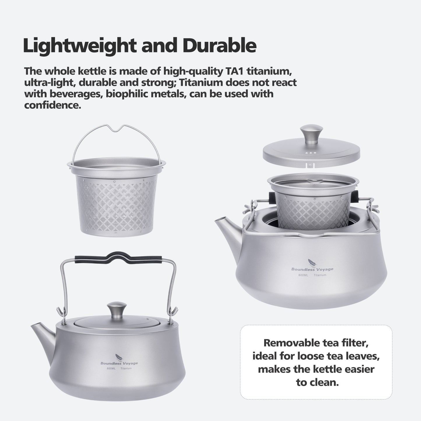 Boundless Voyage 800ML Titanium Kettle with Filter & Folding Handle Ultralight Teapot Outdoor Camping Water Jug for Loose Tea Ti3093D