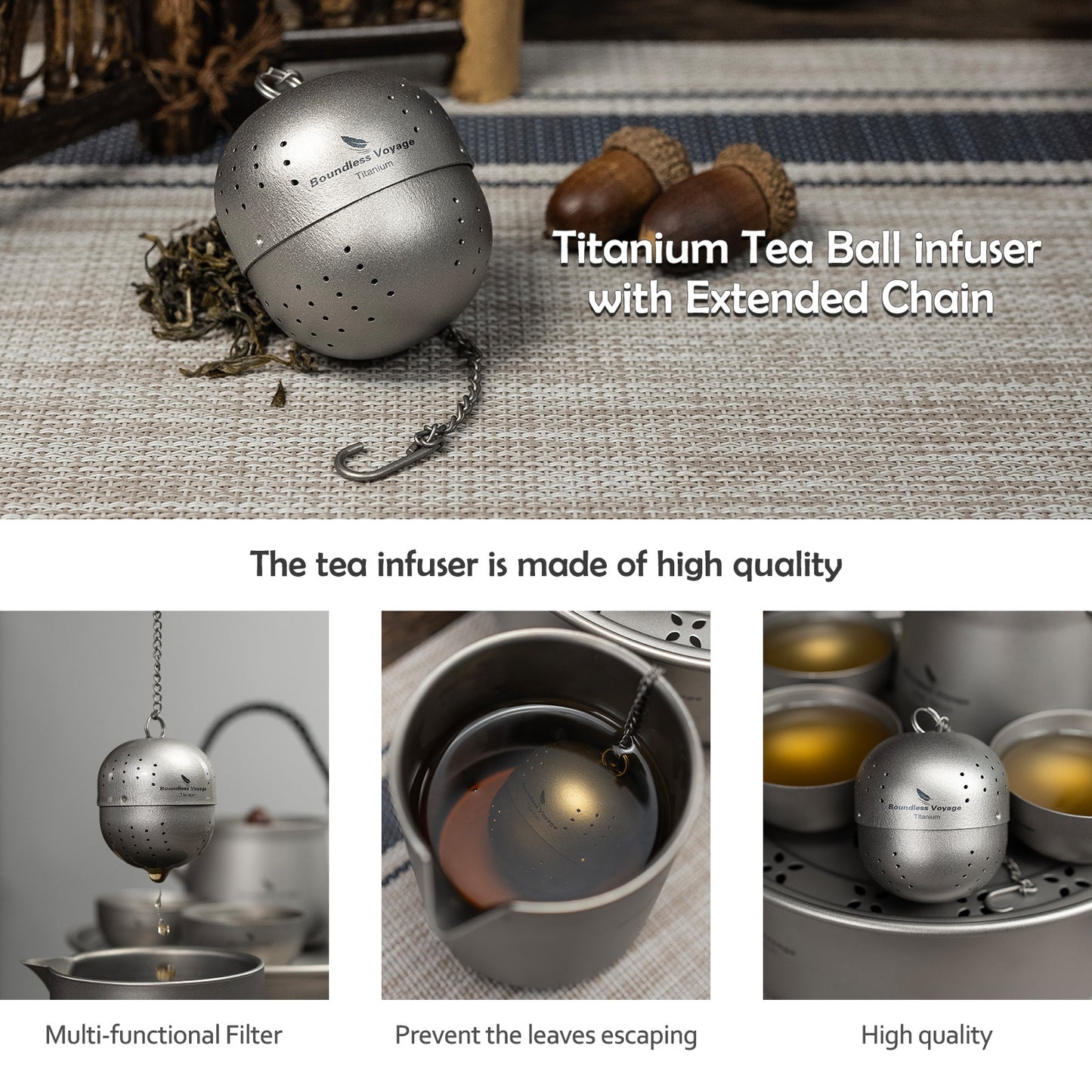 Boundless Voyage Titanium Tea Ball Infuser – Lightweight Loose Leaf Tea Strainer with Extended Chain, Fine Mesh Tea Filter for Mug, Teapot & Spices