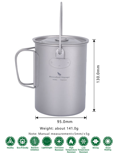 Boundless Voyage Titanium 900ml Camping Mug Pot – Ultralight Hanging Cup with Folding Handle for Hiking, Backpacking, Outdoor Cooking
