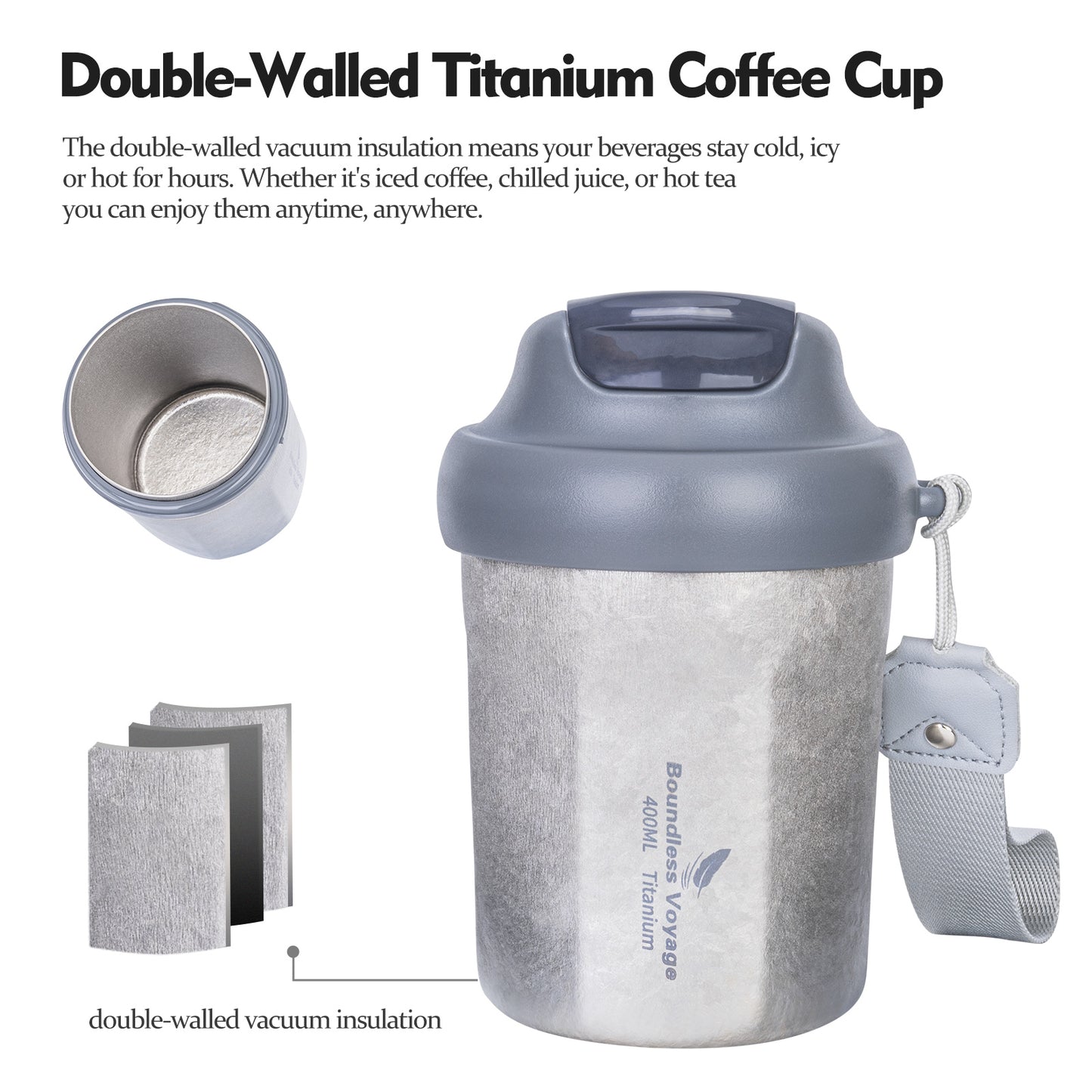 Boundless Voyage 400ml Titanium Vacuum Insulated Travel Mug | Ultralight Leak-Proof Thermos with Lid | Healthy Reusable Coffee Cup for Travel, Office & Camping
