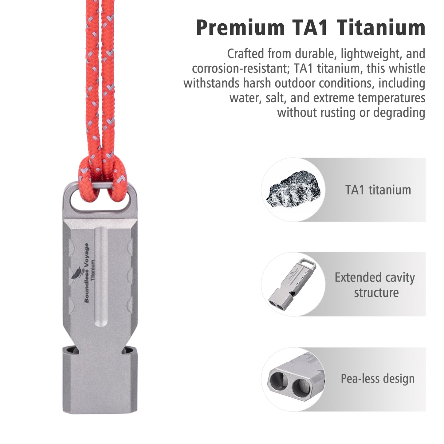 Boundless Voyage TA1 Titanium Dual Tube Survival Whistle – High Decibel Emergency Safety Whistle for Camping, Hiking, Backpacking & Outdoor Rescue