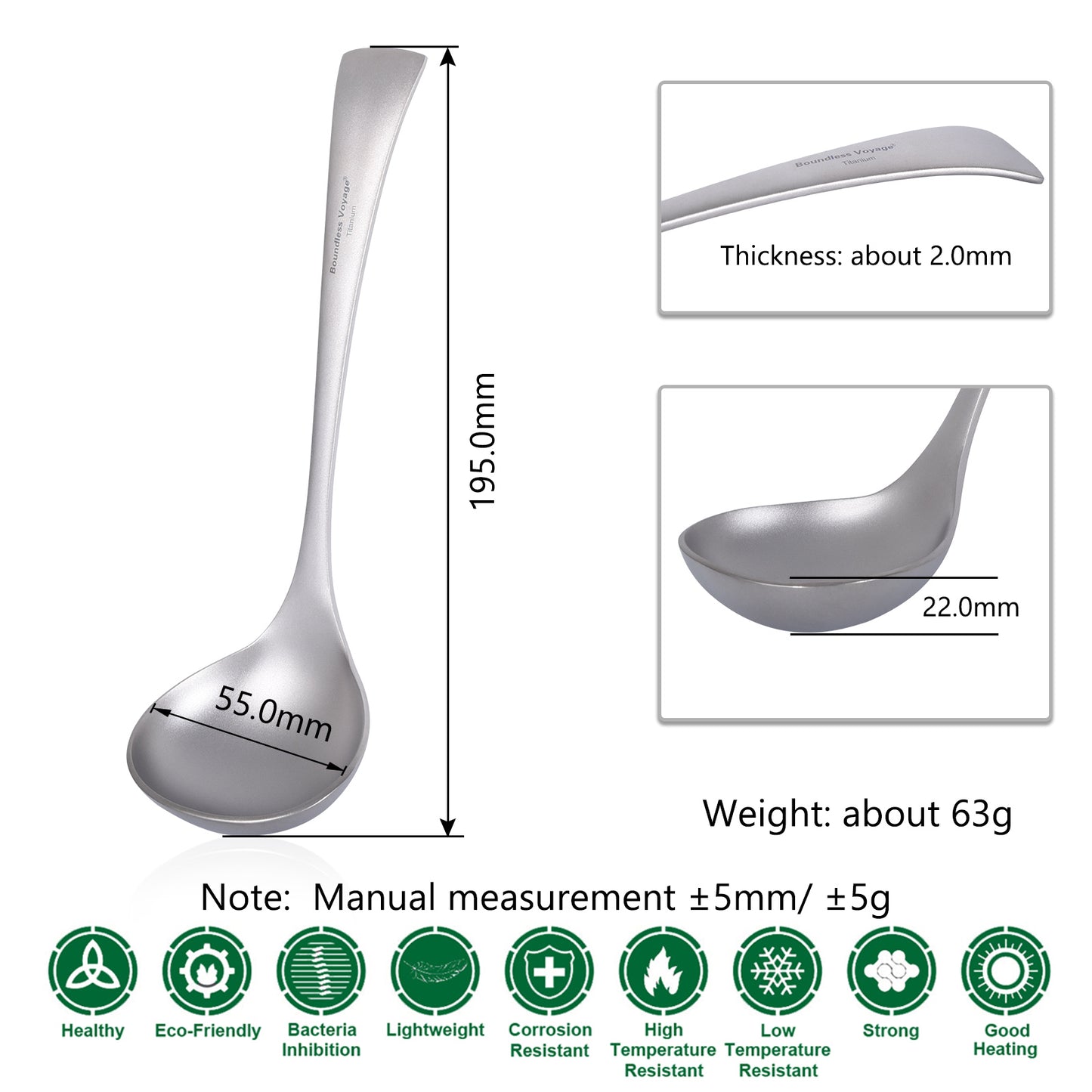 Boundless Voyage Titanium Soup Spoon – Long Handle Deep Bowl Ladle for Soup, Stew, Sauce & Cooking