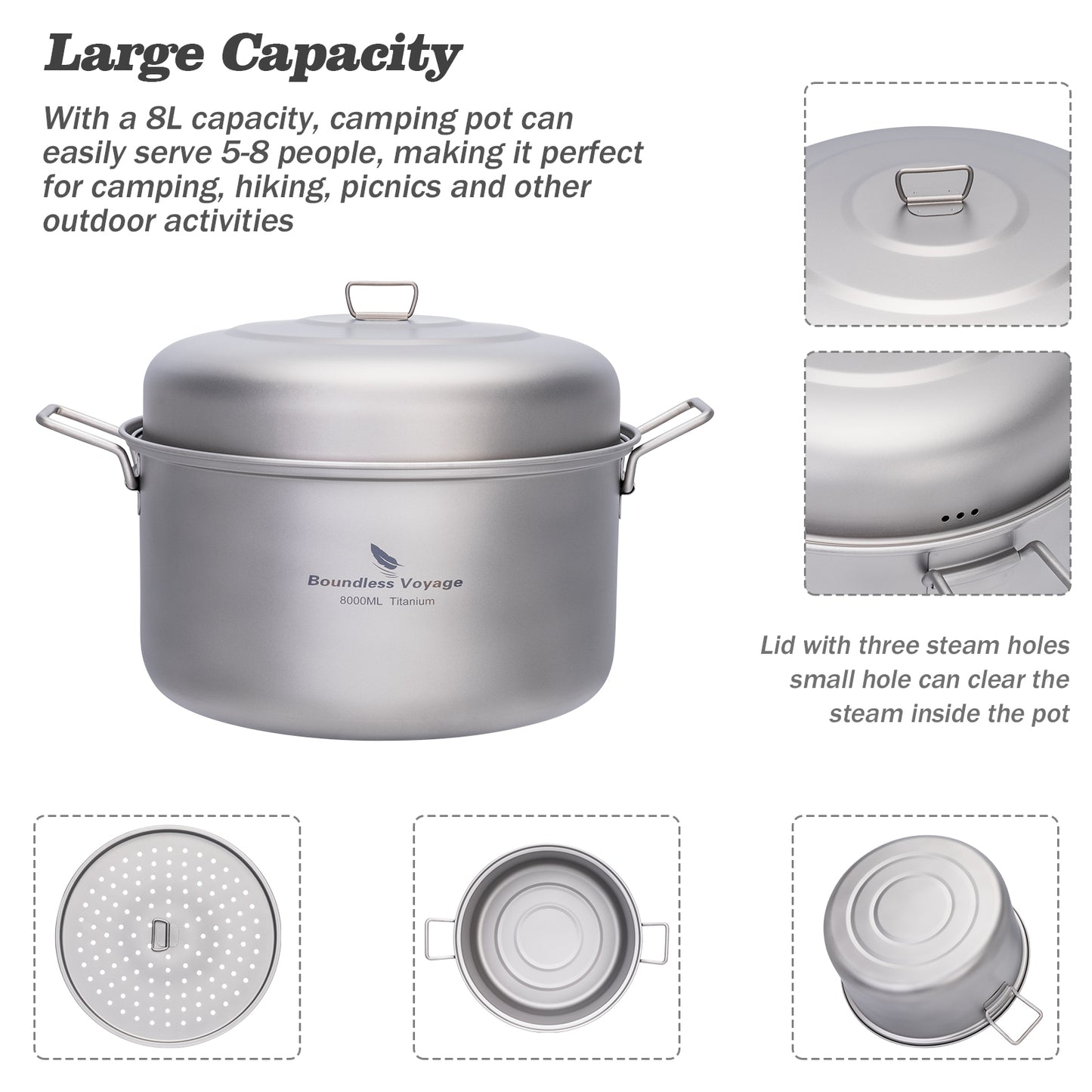Boundless Voyage Titanium Steamer Soup Pot Outdoor Camping Cookware Lightweight Picnic Hiking Hanging Pot Portable Travel Household Kitchenware Cooking Kit