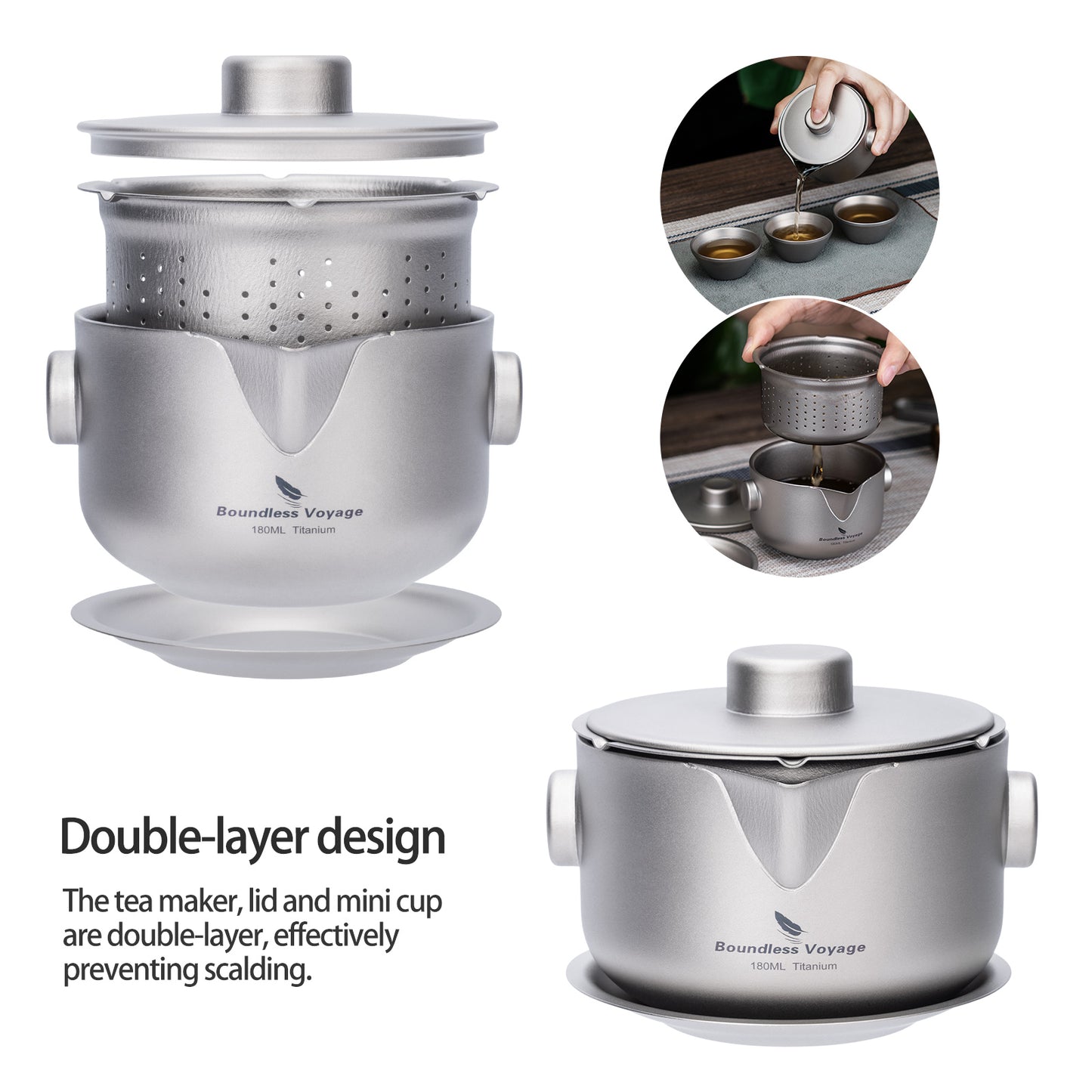 Boundless Voyage Titanium Double-Layer Tea Maker with Lid Filter Ultralight Teapot with Double-Walled Anti-scalding Coffee Cup Mug