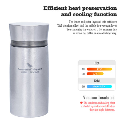 Boundless Voyage 280ml Titanium Vacuum Flask Small Insulated Bottle Portable Car Travel Coffee Tea Cup Keeps Hot or Cold Mini Sports Water Bottle for Chlid Girls Ti3014D