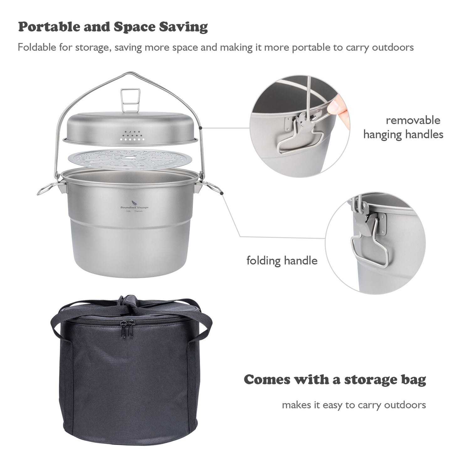 Boundless Voyage 3.8L Titanium Hanging Pot with Steamer Rack – Ultralight Campfire Cooking Stockpot Set, Large Capacity Outdoor Cookware for Camping, Hiking & Group Cooking