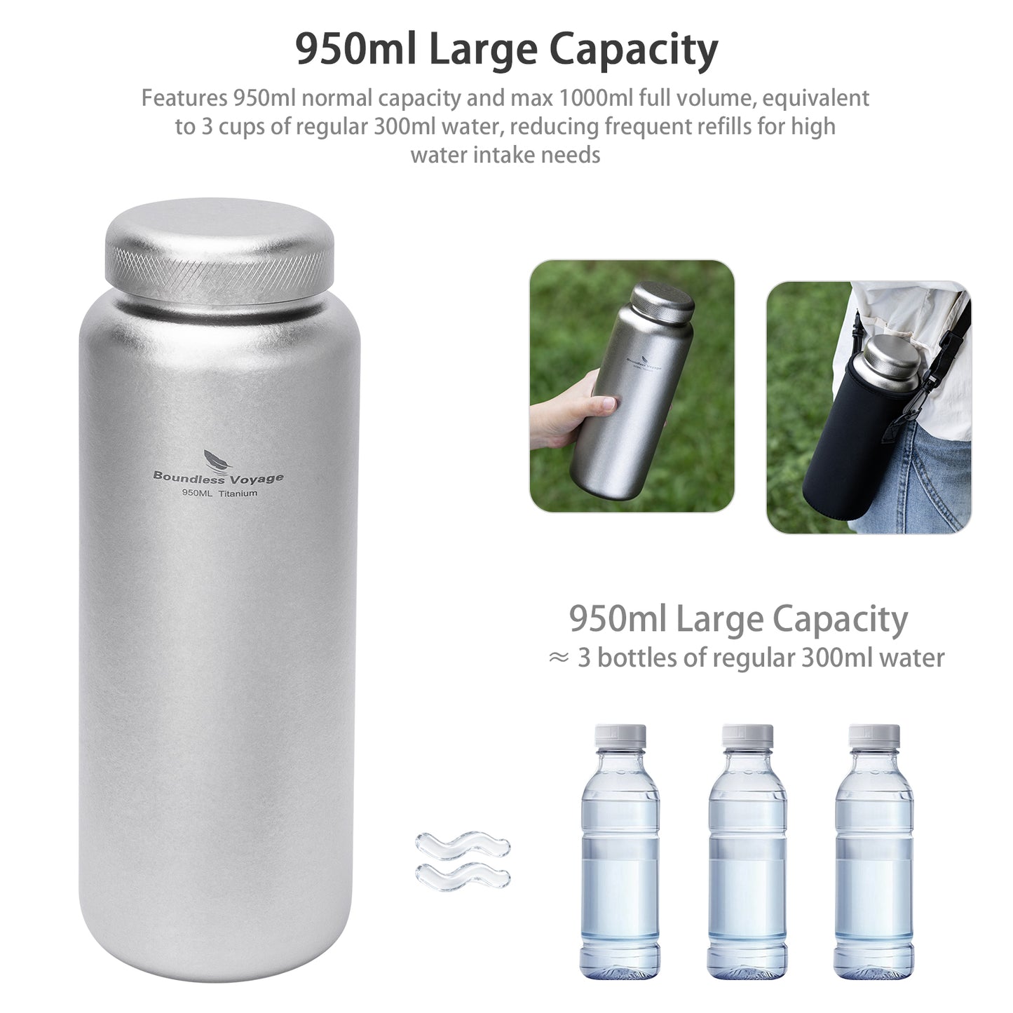Boundless Voyage 950ml Titanium Water Bottle with Lids – TA1 Ultralight Wide Mouth Canteen for Hiking, Camping & Travel