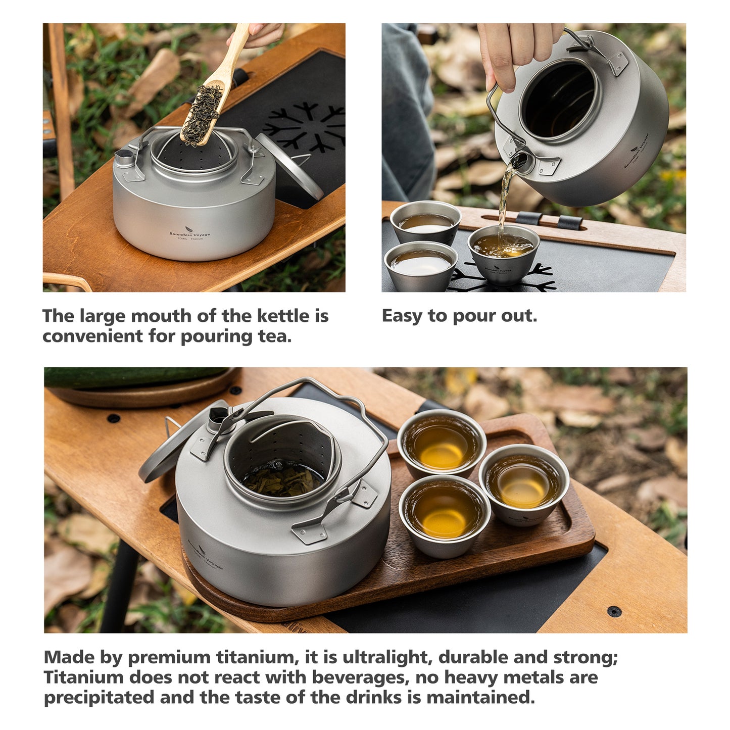 Boundless Voyage Camping Single-layer Titanium Kettle with Folding Handle 700ML Durable Bushcraft Gear Open Fire Kettle