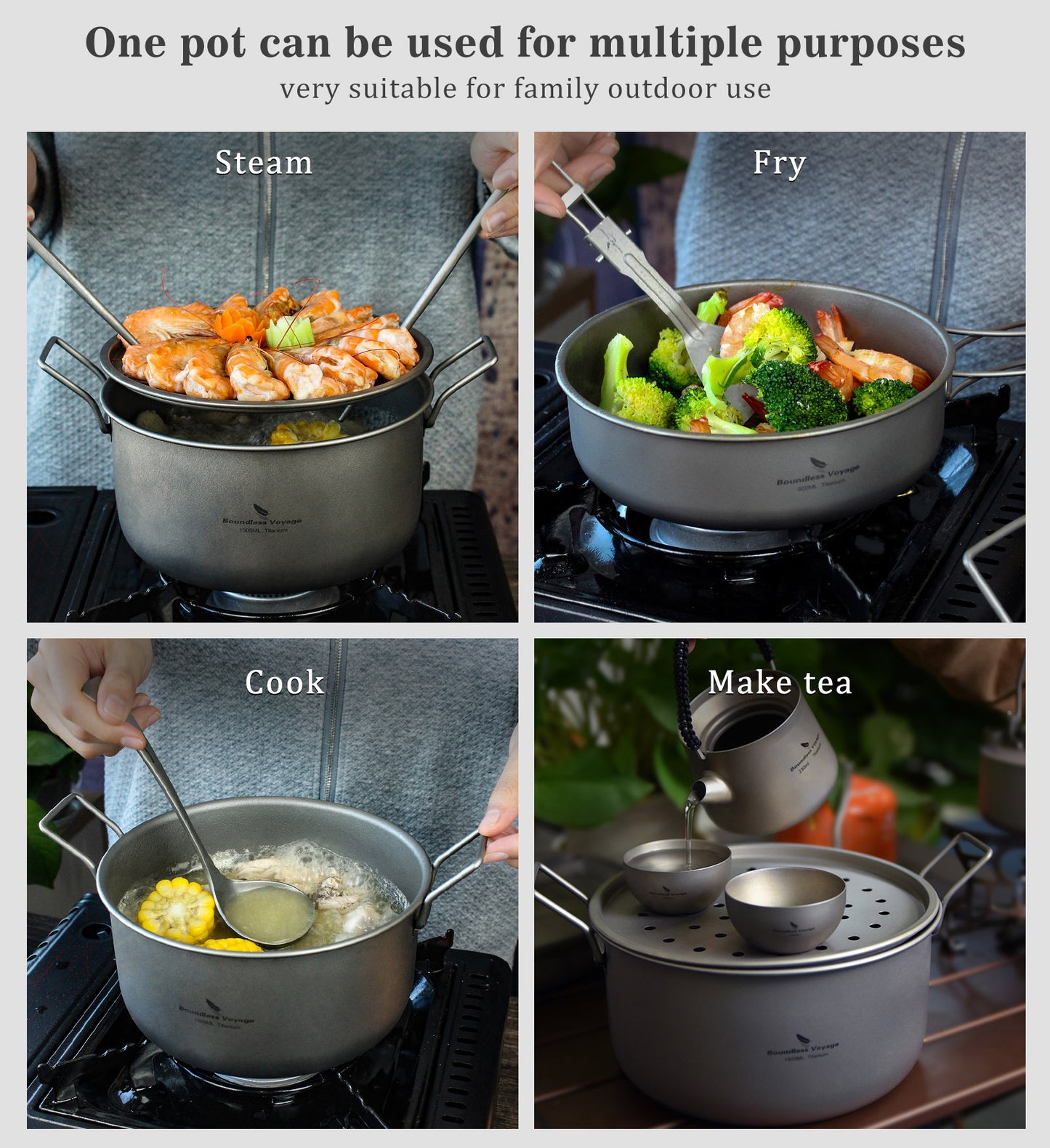 Boundless Voyage Multifunctional Titanium Steamer Soup Pot Frying Pan Set with Lid Outdoor Camping Wok Tea Tray Saucepan Mess Kit
