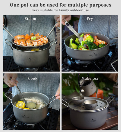 Boundless Voyage Multifunctional Titanium Steamer Soup Pot Frying Pan Set with Lid Outdoor Camping Wok Tea Tray Saucepan Mess Kit