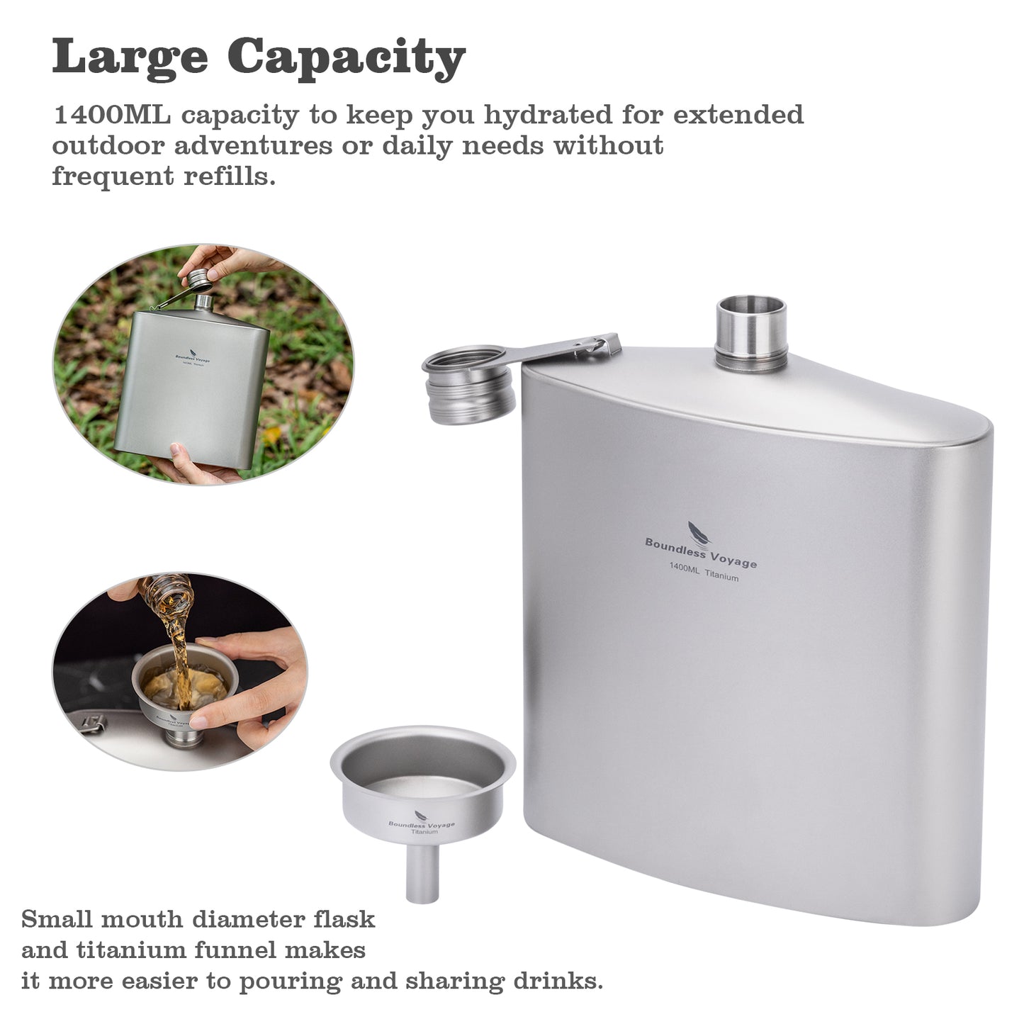Boundless Voyage Titanium Flask Bottle 1400ML Big Capacity Sports Drinkware With TItanium Funnel  for Outdoor Camping Hiking