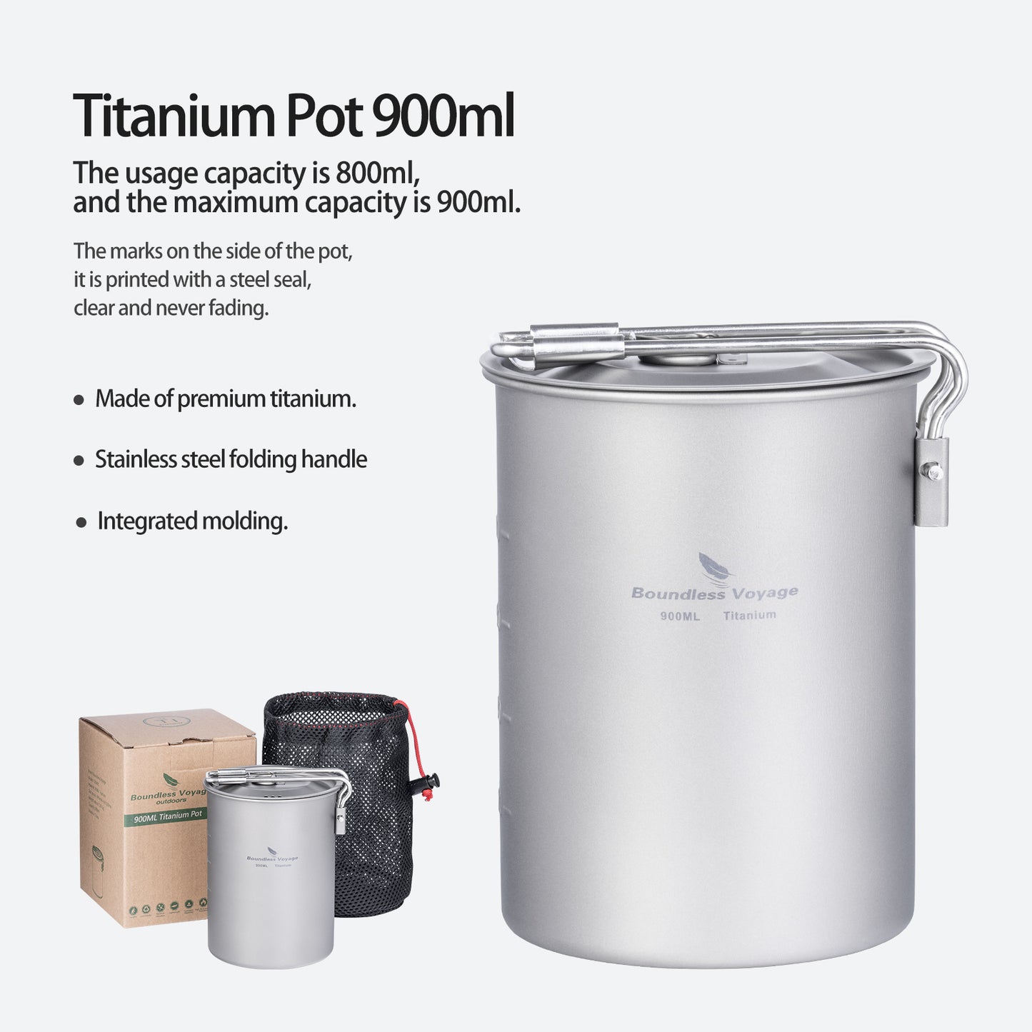 Boundless Voyage Outdoor Camping Titanium Pot Bowl Cup with Lid Folding Handle Hiking Picnic Water Rice Food 900ml