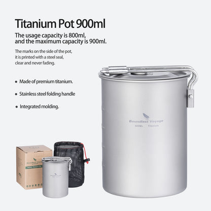 Boundless Voyage Outdoor Camping Titanium Pot Bowl Cup with Lid Folding Handle Hiking Picnic Water Rice Food 900ml