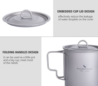 Titanium 750ml Hanging Cup Mug with Folding Handle Outdoor Camping Hiking Picnic Cooking Pot Ultralight Portable