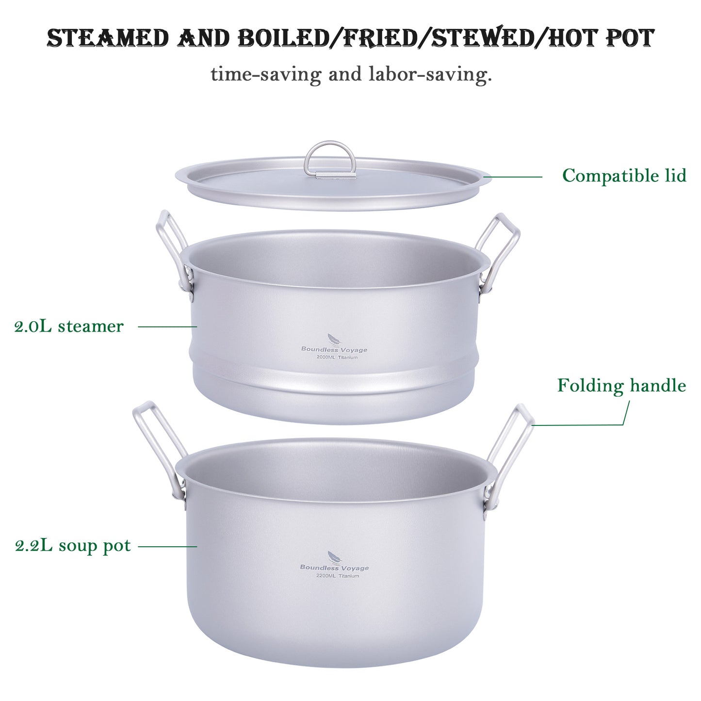Boundless Voyage Titanium Pot with Steamer 2.2L +1.8L – Ultralight Multifunctional Camping Cookware with Steamer & Lid, TA1 Titanium Outdoor Cooking Kit for Camping, Hiking & Travel