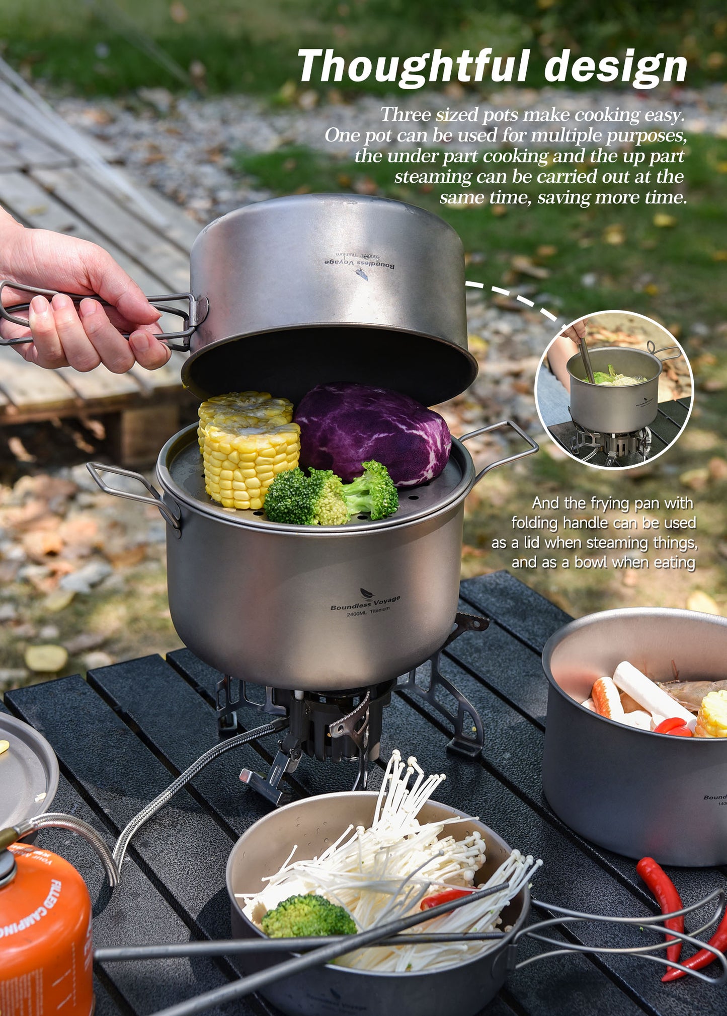 Boundless Voyage Titanium 3pcs Camping Cookware Mess Kit, Camping Cooking Set,  Portable Nonstick Camp Pots Set 1.4L 1.6L 2.4L for Outdoor Camping, Picnic, Hiking, Backpacking