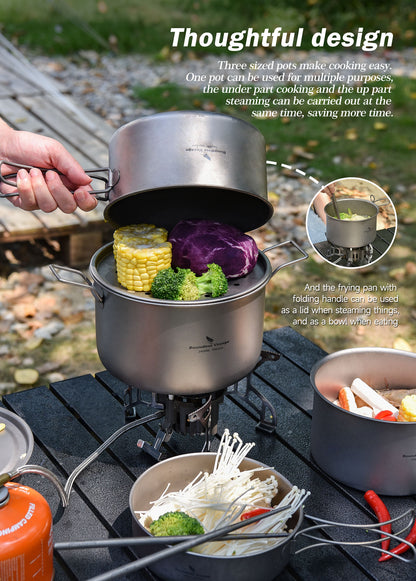Boundless Voyage Titanium 3pcs Camping Cookware Mess Kit, Camping Cooking Set,  Portable Nonstick Camp Pots Set 1.4L 1.6L 2.4L for Outdoor Camping, Picnic, Hiking, Backpacking