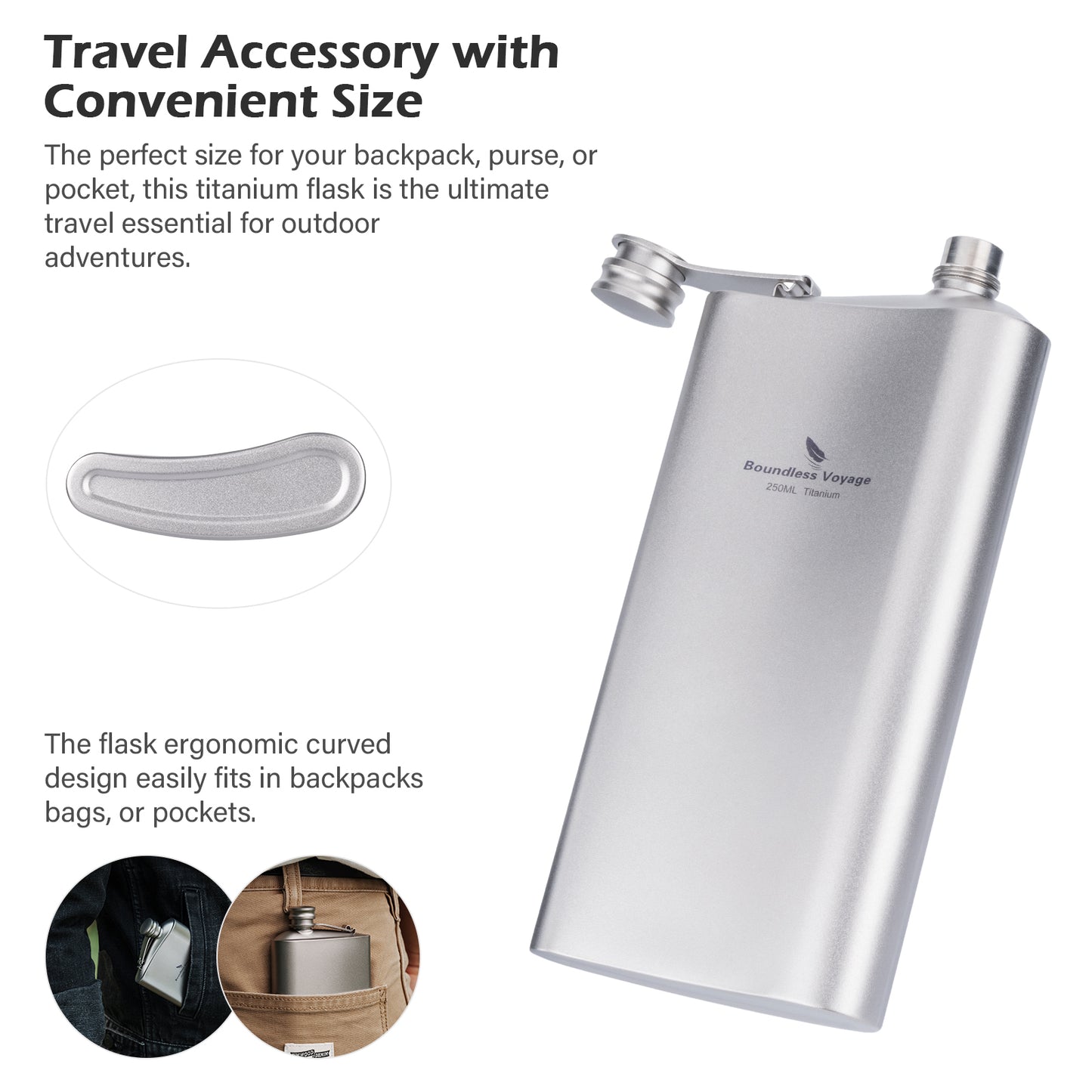 Boundless Voyage 250ml Titanium Hip Flask | Ultralight 8.5oz Pocket Whiskey Bottle | Leakproof & Non-Metallic Taste Liquor Flask for Camping, Hiking, EDC & Travel& Non-Metallic Taste Liquor Flask for Camping, Hiking & Travel Gift Set