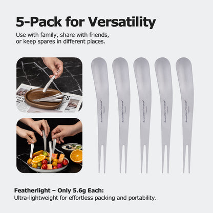 Boundless Voyage Titanium Dual-Use Fork Spoon Set – 5pcs Ultralight (5.6g Each), Camping Cutlery with Drawstring Bag for Fruit, Coffee, Ice Cream & Outdoor Travel