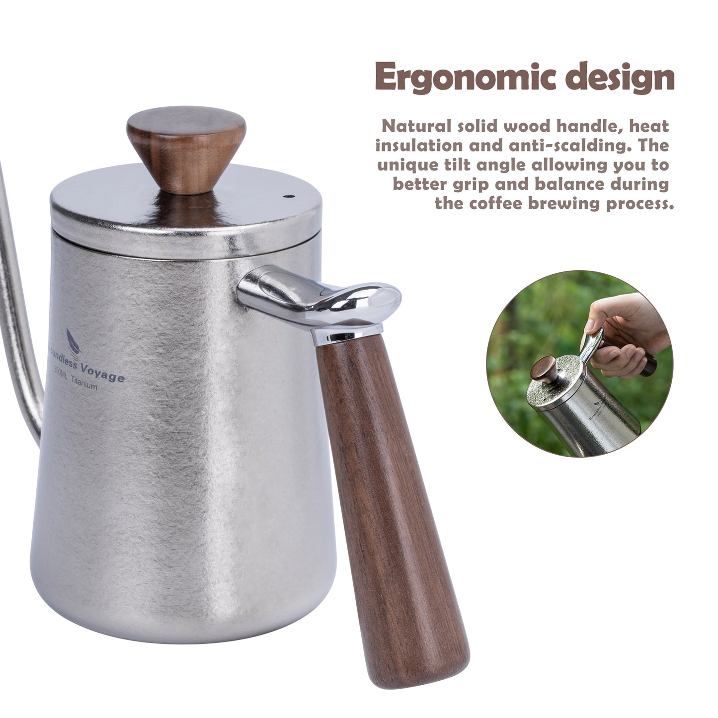 Boundless Voyage 300ml Titanium Pour-Over Coffee Kettle – Ultralight with Beech Wood Handle for Home, Office & Camping