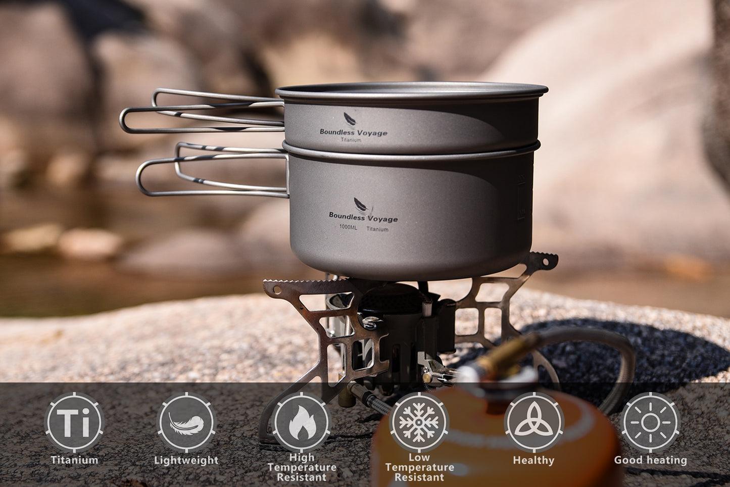 Boundless Voyage TA1 Titanium Pot & Pan Set 500ml + 1000ml with Lid – Ultralight Camping Cookware with Folding Handles for Hiking, Picnic & Outdoor Cooking