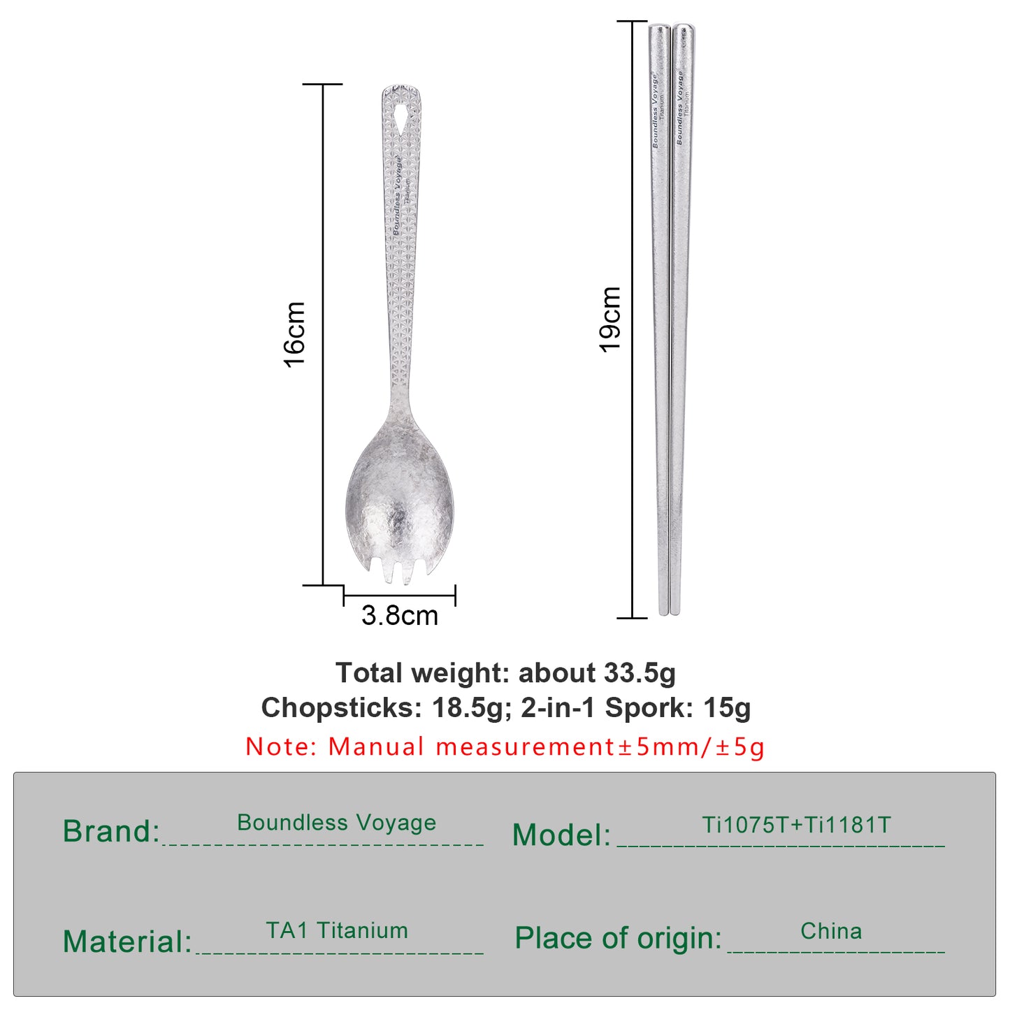 Boundless Voyage Titanium Chopsticks & 2-in-1 Spork Set Camping Cutlery Lightweight Travel Utensils Portable Outdoor Hiking Backpacking Faltware, Dishwasher Safe, No Coating with Storage Bag