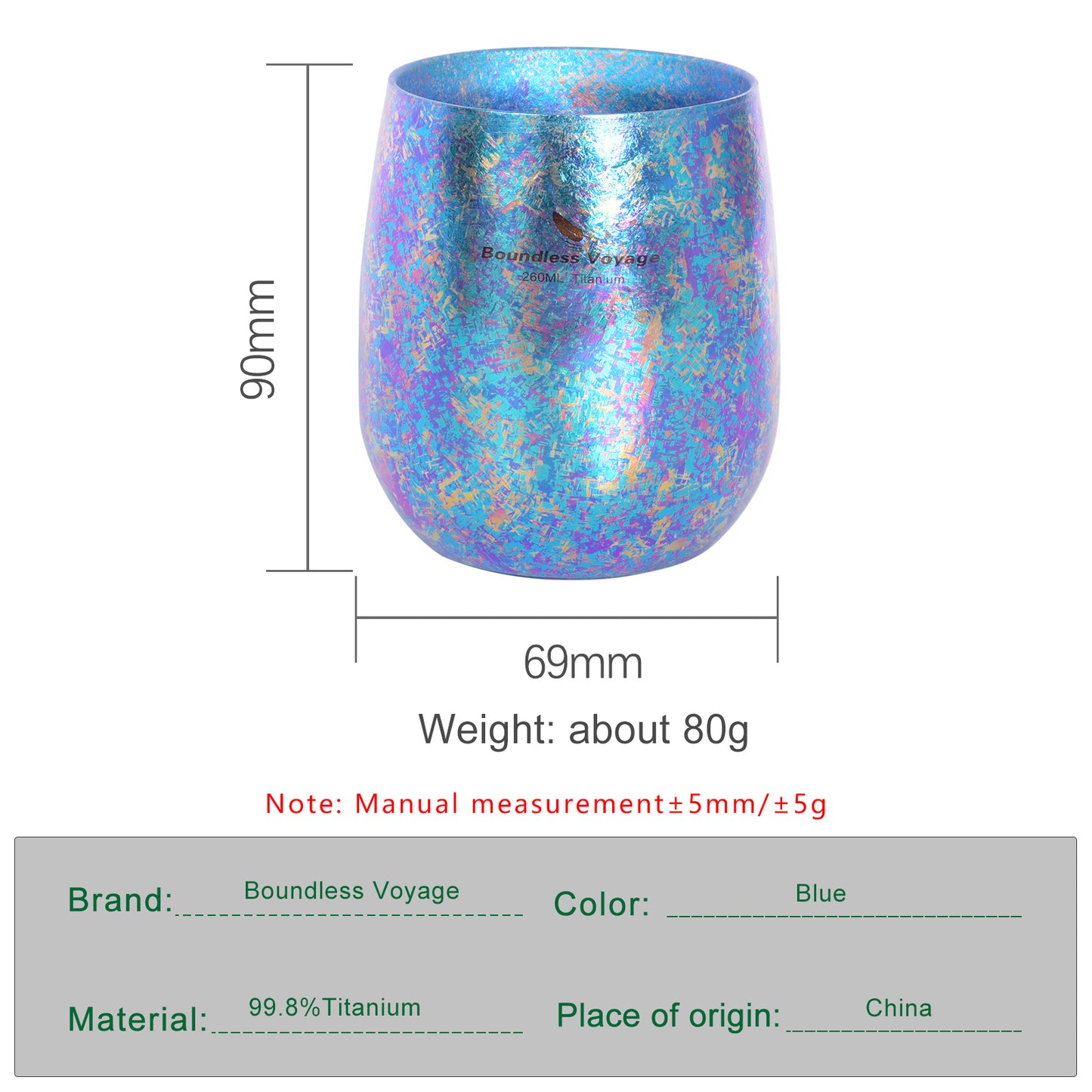 Boundless Voyage 260ml Double-Wall Titanium Cup – Colorful Insulated Mug with Ice Texture, Ultralight TA1 Titanium Coffee Tea Cup for Camping, Beer & Travel