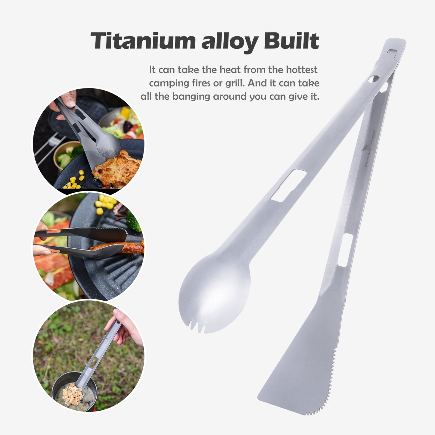 Boundless Voyage Titanium Alloy Tong, Spork，Shovel and Spatula All-In-One Utensil for Portable Lightweight Multi Utensil for Camping Kitchen Cookware Backpacking, Travel, Outdoor Cooking Eating