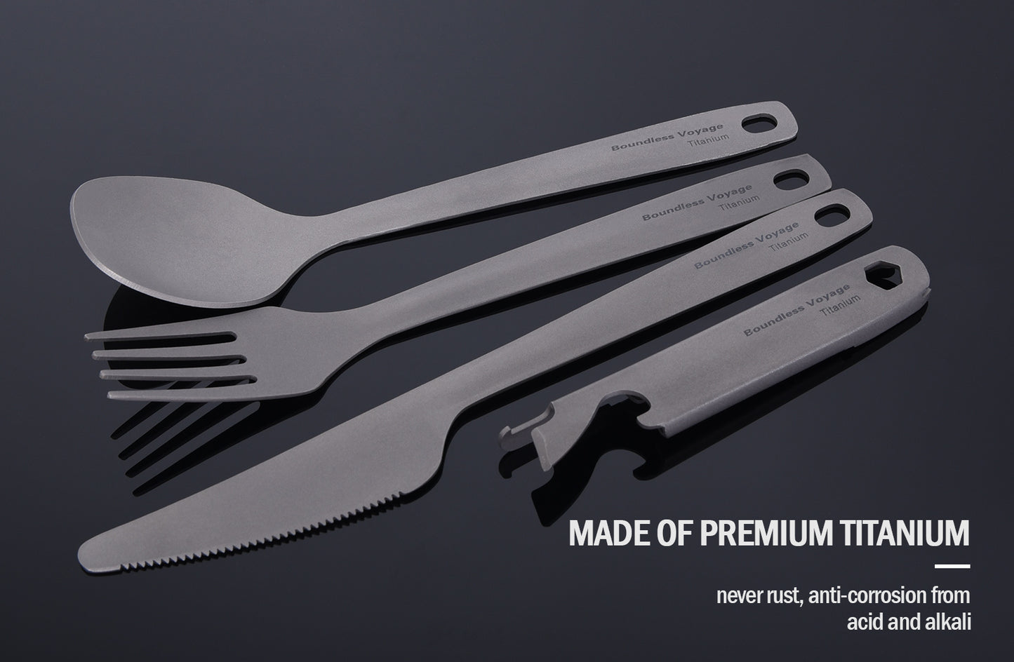 Boundless Voyage TA1 Titanium 4-in-1 Ultralight Cutlery Set – Compact Fork, Spoon, Knife & Bottle Opener for Home, Camping & Outdoor Travel